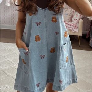 Denim Dress with Teddy Bear Embroidery